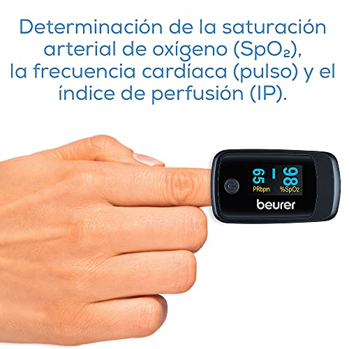 Beurer PO 45 Pulsioxímetro, medición de la saturación de oxígeno (SpO2), la frecuencia cardíaca (pulso) y el índice de perfusión (PI), uso indoloro, pantalla en color