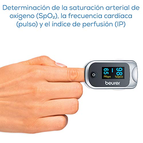 Beurer Po40 Pulsioxímetro, Determina Saturación Oxígeno y Pulsaciones, Display con 6 Vistas, Luz Display Brillante Ajustable, Gráfica Pulso, Estuche con Correo y Cinturón, Color Blanco Gris