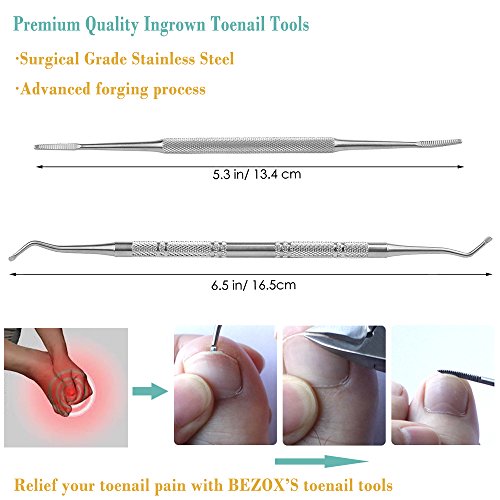 BEZOX Lima y Elevador de Uñas Encarnadas - Gancho Excavador para Pies Herramienta de Tratamiento Preferida por Podólogos - Acero Inoxidable Limpiado