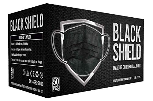 BLACK SHIELD - 100 unidades - Mascarilla Quirúrgica Tipo I Negra - Certificación CE - 3 capas - Filtración BFE > 95%.