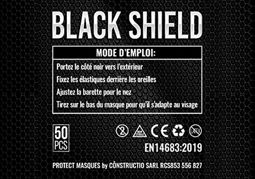 BLACK SHIELD - 100 unidades - Mascarilla Quirúrgica Tipo I Negra - Certificación CE - 3 capas - Filtración BFE > 95%.