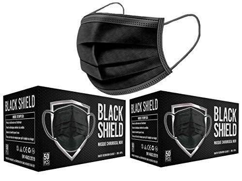 BLACK SHIELD - 100 unidades - Mascarilla Quirúrgica Tipo I Negra - Certificación CE - 3 capas - Filtración BFE > 95%.