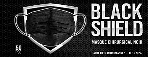 BLACK SHIELD - 100 unidades - Mascarilla Quirúrgica Tipo I Negra - Certificación CE - 3 capas - Filtración BFE > 95%.