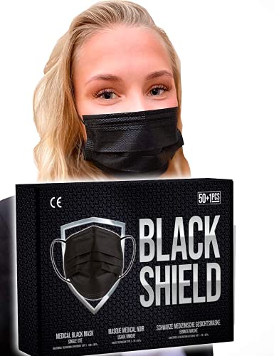 BLACK SHIELD - 50 unidades - Mascarilla Quirúrgica Tipo I Negra - Certificación CE - 3 capas - Filtración BFE > 95%.