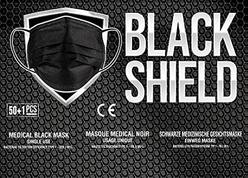 BLACK SHIELD - 50 unidades - Mascarilla Quirúrgica Tipo I Negra - Certificación CE - 3 capas - Filtración BFE > 95%.