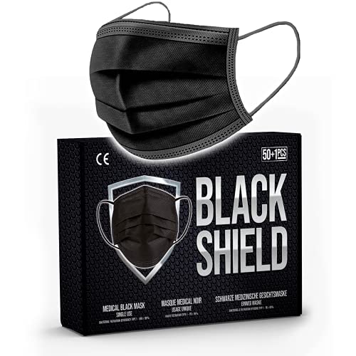 BLACK SHIELD - 50 unidades - Mascarilla Quirúrgica Tipo I Negra - Certificación CE - 3 capas - Filtración BFE > 95%.