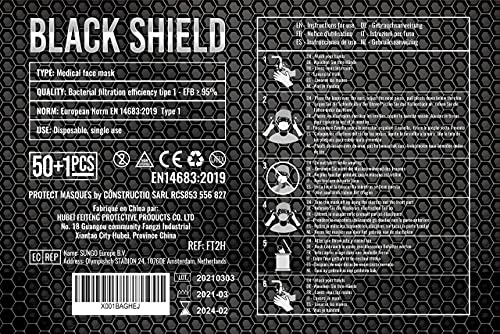 BLACK SHIELD - 50 unidades - Mascarilla Quirúrgica Tipo I Negra - Certificación CE - 3 capas - Filtración BFE > 95%.