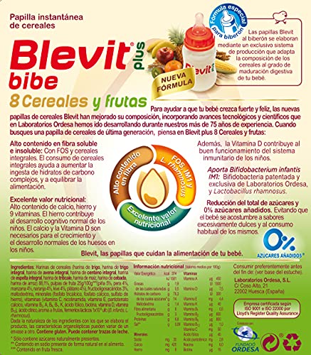 Blevit Plus Bibe 8 Cereales y Frutas - Papilla de Cereales para Bebé fórmula especial para Biberón - Facilita la Digestión - Desde los 5 meses - 600g