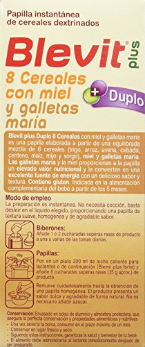 Blevit Plus Duplo 8 Cereales con Miel y Galletas María - Papilla de Cereales para Bebé con Fibra y elevado Valor Nutricional - Favorece la Digestión - Desde los 5 meses - 600g