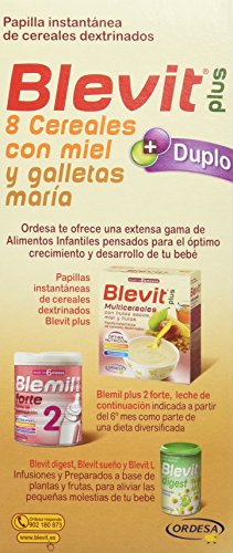 Blevit Plus Duplo 8 Cereales con Miel y Galletas María - Papilla de Cereales para Bebé con Fibra y elevado Valor Nutricional - Favorece la Digestión - Desde los 5 meses - 600g