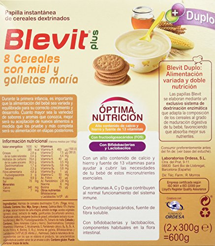 Blevit Plus Duplo 8 Cereales con Miel y Galletas María - Papilla de Cereales para Bebé con Fibra y elevado Valor Nutricional - Favorece la Digestión - Desde los 5 meses - 600g