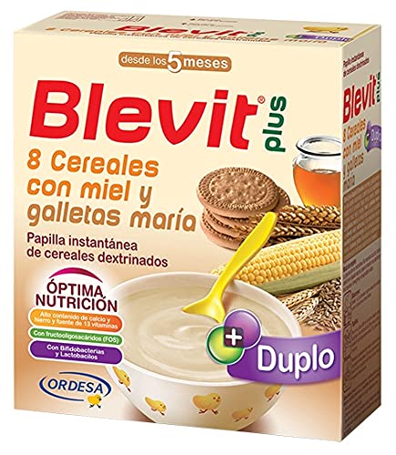 Blevit Plus Duplo 8 Cereales con Miel y Galletas María - Papilla de Cereales para Bebé con Fibra y elevado Valor Nutricional - Favorece la Digestión - Desde los 5 meses - 600g