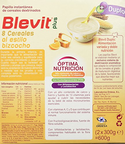 Blevit Plus Duplo Papilla 8 Cereales, Sabor Naranja y Bizcocho, desde los 5 Meses, 600g