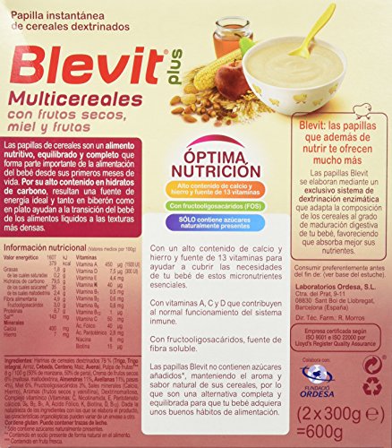 Blevit Plus Multicereales - Papilla de Cereales para Bebé Con Frutos Secos, Miel y Fruta - Sin Azúcares Añadidos - Desde los 6 meses - 600g