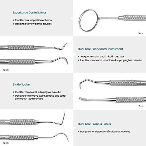 Blizzard - Kit Dental para Remover Placas 4pzs, Espejo, Instrumento Periodontal, Raspador de Hoz y Cincel de Doble Punta - Herramientas de Higiene Bucal de Forjado Alemán para Uso Profesional