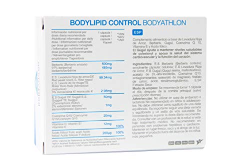 Bodyathlon– Bodylipid- Control colesterol y triglicéridos- Evita la formación de colesterol- Berberina, Levadura Roja de Arroz, Coenzima Q10, Vitamina E, Guggul- Fórmula adaptada a la normativa- Vegan