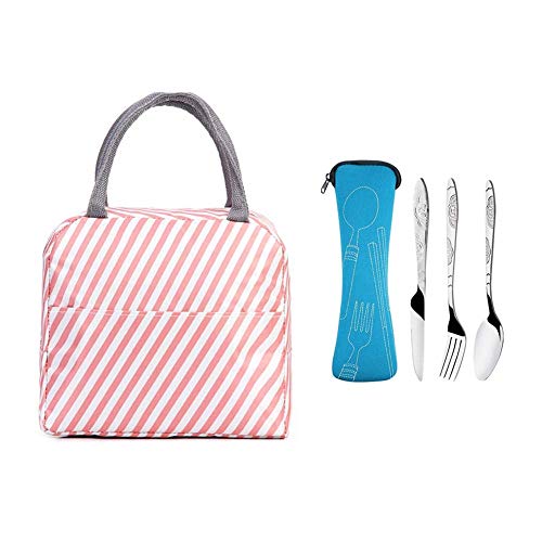 Bolsa de almuerzo y 3 piezas de cubiertos de acero inoxidable (cuchillo, tenedor, cuchara) con bolsa de almacenamiento, bolsa de almuerzo aislada