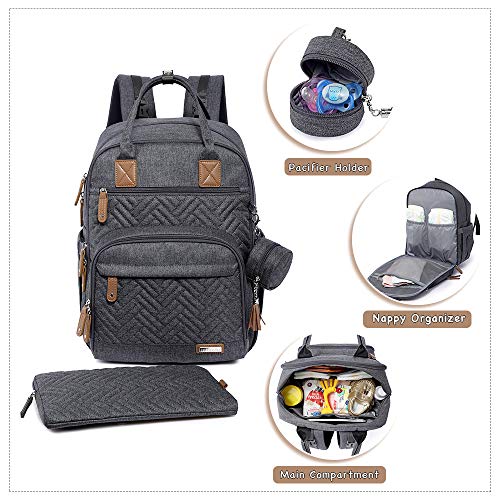 Bolso Cambiador para Bebés iniuniu, Mochilas para Pañales con Bolsa para el Pañal para Cochecito, Esterilla para Cambiar Lavable, Estuche para Chupetes, para Mamá y Papá, Gris Oscuro