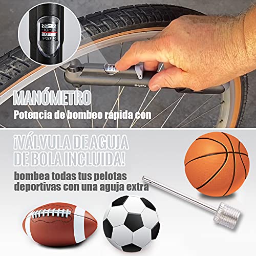 Bomba para Bicicleta con Manómetro, [120 PSI] Diyife Mini Bomba De Bicicleta [Set Completo, Aguja, Kit De Parche, Tapas De VáLvulas Y Montura De Marco para Presta Y Schrader