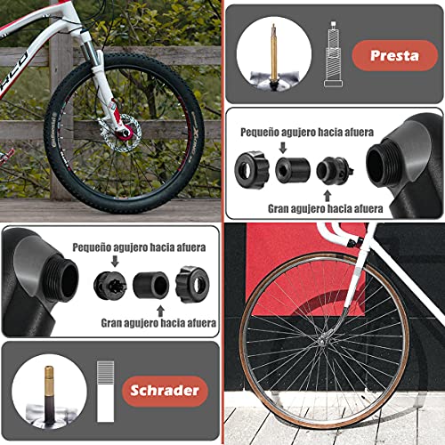 Bomba para Bicicleta con Manómetro, [120 PSI] Diyife Mini Bomba De Bicicleta [Set Completo, Aguja, Kit De Parche, Tapas De VáLvulas Y Montura De Marco para Presta Y Schrader