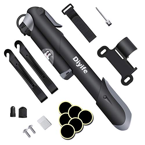 Bomba para Bicicleta con Manómetro, [120 PSI] Diyife Mini Bomba De Bicicleta [Set Completo, Aguja, Kit De Parche, Tapas De VáLvulas Y Montura De Marco para Presta Y Schrader