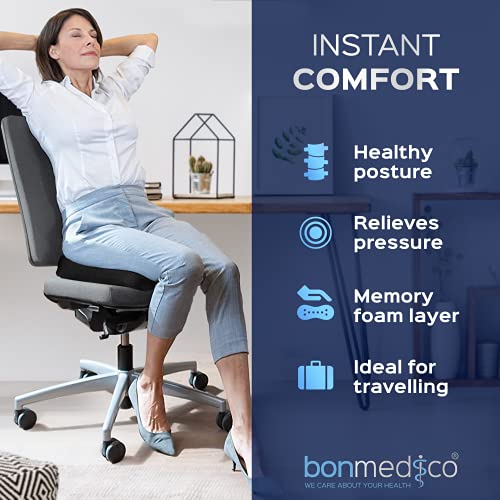 Bonmedico Cojin Silla Oficina Lumbar - Ortopedico y Antiescaras - Elevador para Silla Ergonomico en Espuma Viscoelástica - para el Hogar y el Coche