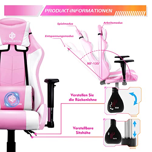 Boomersun Silla de gaming, silla de oficina ergonómica, giratoria, silla de PC, con función basculante, ángulo de inclinación ajustable, reposabrazos ajustable (rosa, con luz LED)