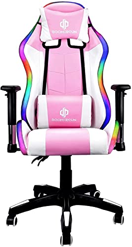 Boomersun Silla de gaming, silla de oficina ergonómica, giratoria, silla de PC, con función basculante, ángulo de inclinación ajustable, reposabrazos ajustable (rosa, con luz LED)