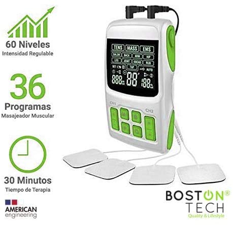 Boston Tech WE112 - Boston Tech - We-112 - Electroestimulador Digital Profesional 3 En 1, Tens, Ems, Masaje. Alivio Al Dolor Y Fortalecimiento Muscular General, Pantalla Lcd, 2 Canales, 4