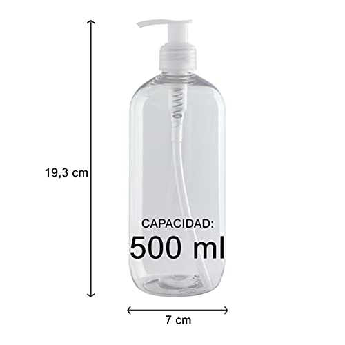 Bote dispensador de Gel rellenable 500 ml. Frasco dosificador hermético de plástico Pet Transparente para jabón, champú, lociones, hidroalcohol. (6 Unidades).