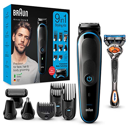 Braun Recortadora de Barba 9 en 1, Máquina de Cortar Pelo, Depiladora Corporal Hombre, MGK 5280, Negro/Azul