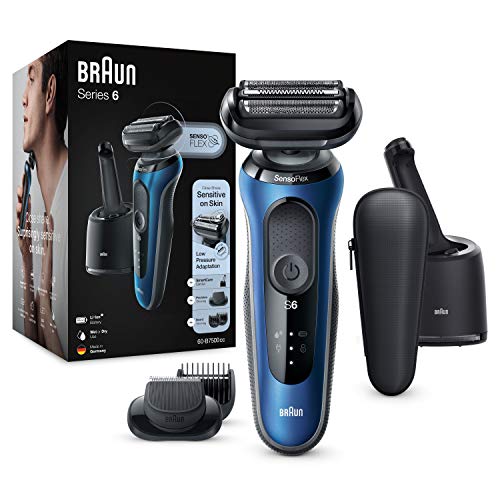 Braun Series 6 Afeitadora Eléctrica Hombre, Máquina de Afeitar Barba, Recortadora de Precisión, Cabezal SensoFlex, Base de Carga, Centro de Limpieza, Resistente al Agua, Inalámbrica, 60-B7500 CC, Azul