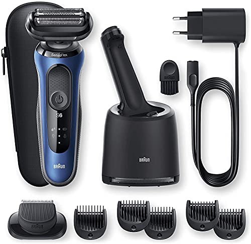 Braun Series 6 Afeitadora Eléctrica Hombre, Máquina de Afeitar Barba, Recortadora de Precisión, Cabezal SensoFlex, Base de Carga, Centro de Limpieza, Resistente al Agua, Inalámbrica, 60-B7500 CC, Azul