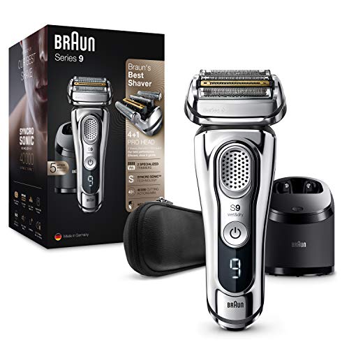 Braun Series 9 Afeitadora Eléctrica Hombre, Máquina de Afeitar Barba con Tecnología Sónica, Cabezal 4en1, Centro de LImpieza y Carga, Funda, Recargable, Inalámbrica, 9395 CC, Cromo