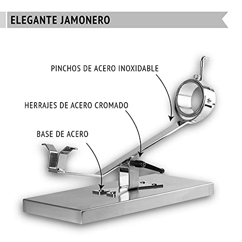 BRICOMIRAS JAMONERO BASCULANTE Giratorio Acero Inoxidable SIN PINCHO, Regalo Pinza Arcos + Cuchillo JAMONERO + CHAIRA + CUBREJAMÓN (Burdeos) + PAÑO, Soporte JAMONERO Ideal Uso DOMÉSTICO Y Profesional