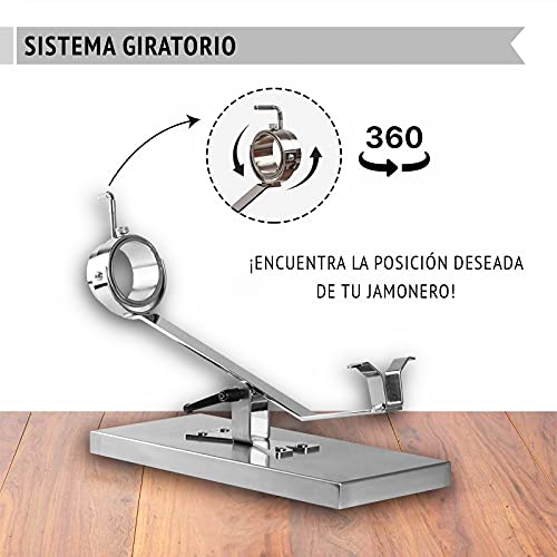 BRICOMIRAS JAMONERO BASCULANTE Giratorio Acero Inoxidable SIN PINCHO, Regalo Pinza Arcos + Cuchillo JAMONERO + CHAIRA + CUBREJAMÓN (Burdeos) + PAÑO, Soporte JAMONERO Ideal Uso DOMÉSTICO Y Profesional