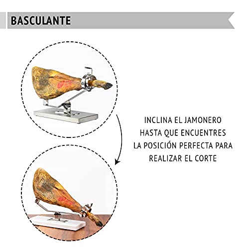 BRICOMIRAS JAMONERO BASCULANTE Giratorio Acero Inoxidable SIN PINCHO, Regalo Pinza Arcos + Cuchillo JAMONERO + CHAIRA + CUBREJAMÓN (Burdeos) + PAÑO, Soporte JAMONERO Ideal Uso DOMÉSTICO Y Profesional