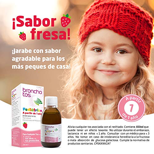 Bronchotos Pediátrico – Jarabe tos seca y productiva. Niños partir de 1 año. Sin Lactosa. Sin Gluten. Sabor fresa.