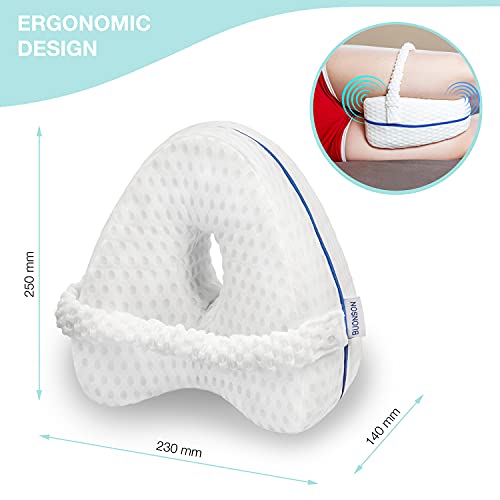 BUONSON Almohada para Piernas y Rodilla con 2 Fundas y Banda Extraíble Ideal para Ciática, Caderas, articulaciones, Alivio de Dolores de Embarazo y Dormir de Lado - Cojín Ortopédico (Blanco)