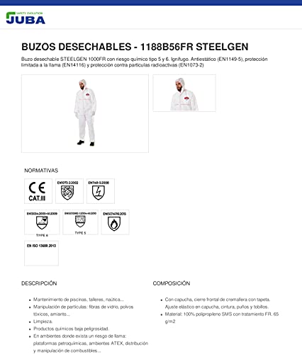 Buzo Desechable Retardante LLama Tipo 5 y 6. Cat III 1188B56FR STEELGEN de Juba T. XL