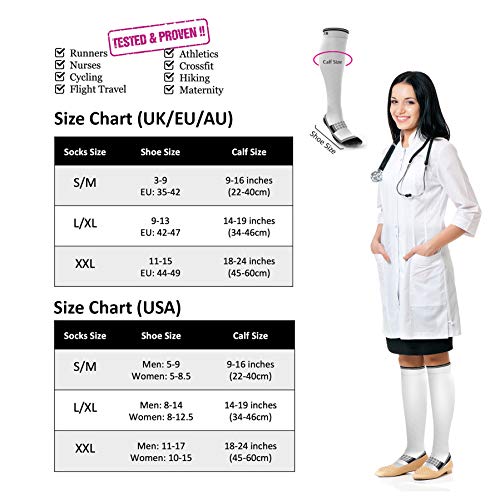 Calcetines de Compresión para Hombres y Mujeres - Medias de Compresion para Deporte - Maratones - Enfermeras - Estrés tibial Interior - Durante Embarazo (L/XL (42-47), Negro (sin logotipo))