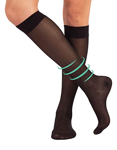 CALCETINES MEDICOS | MEDIAS HASTA LA RODILLA A COMPRESIÓN GRADUADA FUERTE | 140 DEN 15-21mm/Hg | CALCETERÍA ITALIANA | (L/XL, NEGRO)