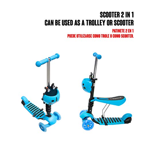 Calma Dragon Patinete YX-S49 Scooter 3 en 1, Tres Ruedas de LED, Altura Ajustable con Cesta de Mariquita, para Niños y Niñas, con Protección de Regalo (Celeste)