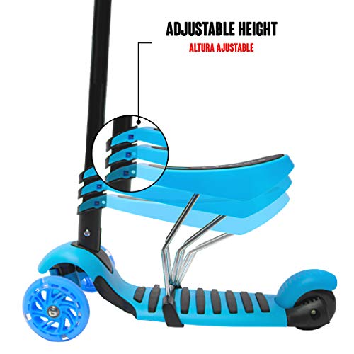 Calma Dragon Patinete YX-S49 Scooter 3 en 1, Tres Ruedas de LED, Altura Ajustable con Cesta de Mariquita, para Niños y Niñas, con Protección de Regalo (Celeste)