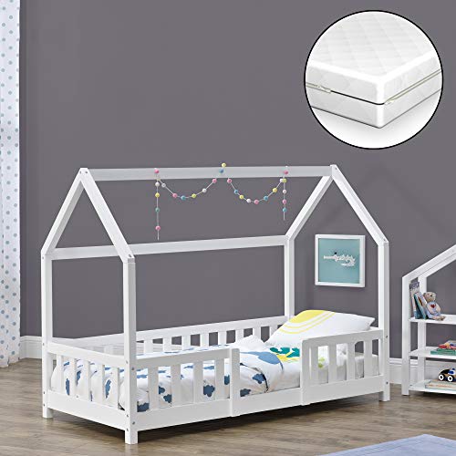 Cama para niños de Madera Pino Sisimiut con Colchón Ortopédico 80 x 160 cm Cama Infantil con Reja Protectora Forma de casa Casita Blanco Lacado Mate