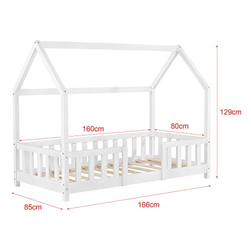 Cama para niños de Madera Pino Sisimiut con Colchón Ortopédico 80 x 160 cm Cama Infantil con Reja Protectora Forma de casa Casita Blanco Lacado Mate