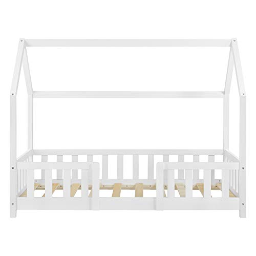 Cama para niños de Madera Pino Sisimiut con Colchón Ortopédico 80 x 160 cm Cama Infantil con Reja Protectora Forma de casa Casita Blanco Lacado Mate