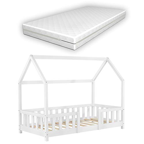 Cama para niños de Madera Pino Sisimiut con Colchón Ortopédico 80 x 160 cm Cama Infantil con Reja Protectora Forma de casa Casita Blanco Lacado Mate