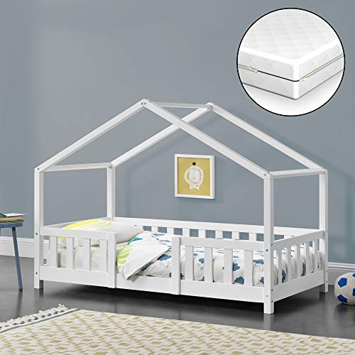 Cama para niños de Madera Pino Treviolo con Colchón Ortopédico 80 x 160 cm Cama Infantil con Reja Protectora Casita Forma de casa Blanco Lacado Mate