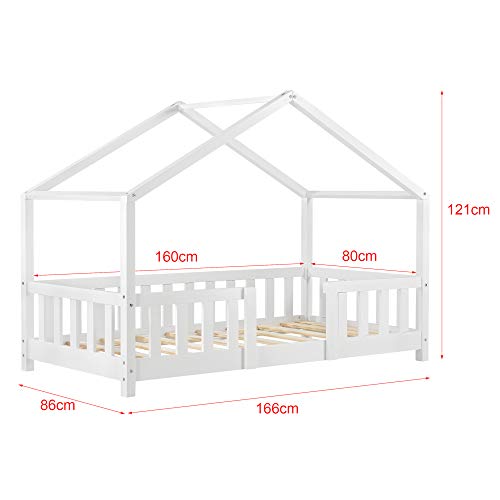 Cama para niños de Madera Pino Treviolo con Colchón Ortopédico 80 x 160 cm Cama Infantil con Reja Protectora Casita Forma de casa Blanco Lacado Mate